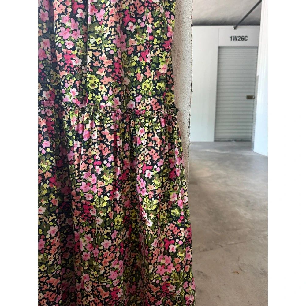 Crown & Ivy Floral Smocked Tiered Maxi Dress Pink Green Cotton Short Sleeve XXL - Picture 4 of 9